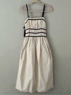 Sofie The Label Cream Midi Dress Black Trim Smocked Bodice Strappy Size S